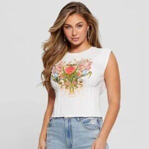 Guess Eco | Je T'aime Corset Tee Floral Graphic in Pure White | Size Medium
